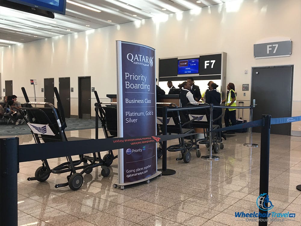 Boarding gate for Qatar Airways flight at Atlanta International Airport