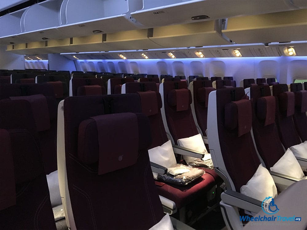 Economy class cabin on a Qatar Airways Boeing 777-300ER aircraft