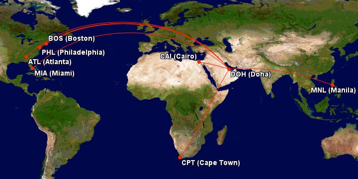 Map of routes flown with a wheelchair on Qatar Airways