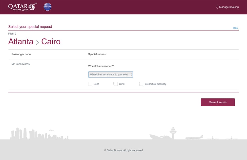 Request wheelchair assistance on Qatar Airways - web form