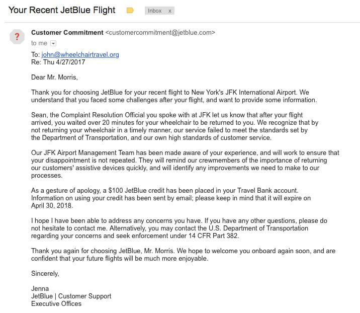 E-mail message with an apology from JetBlue Airways