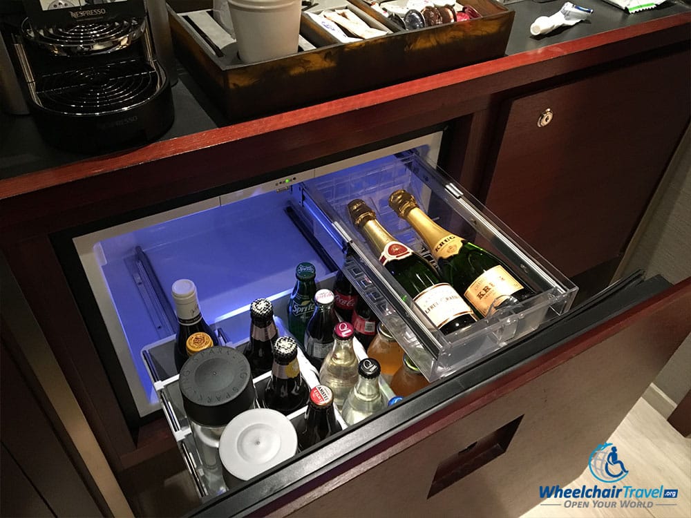 Alcohol, soda, wine and champagne in the minibar