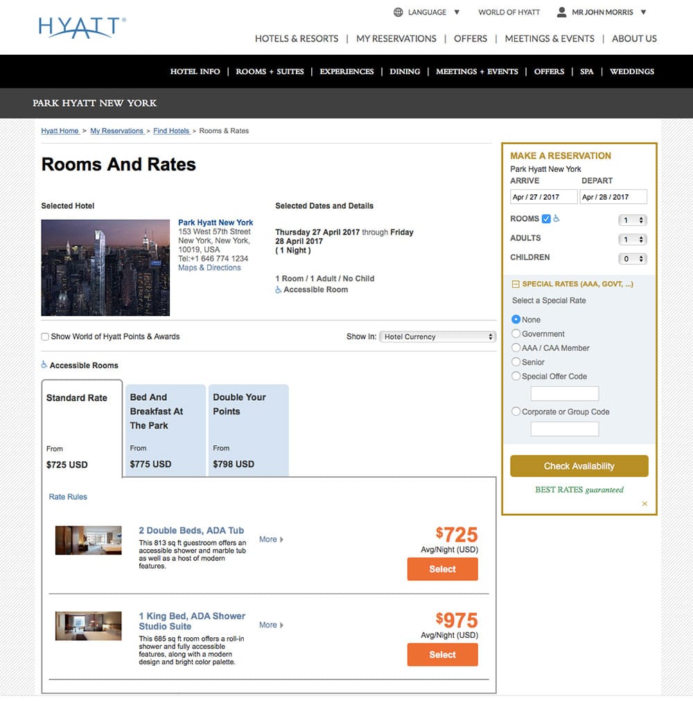 Accessible room rates at Park Hyatt New York hotel