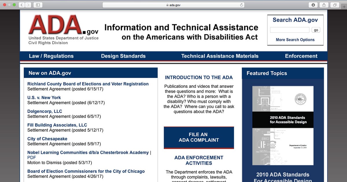 ADA.gov website, with information and resources concerning the Americans with Disabilities Act.