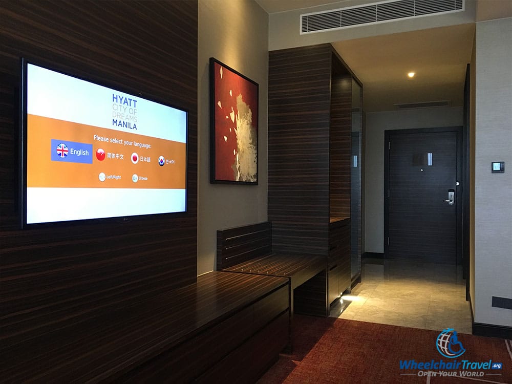 High definition, flat screen television and interior hallway.