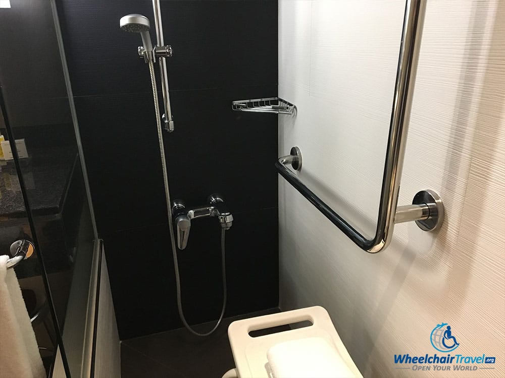 Water controls and grab bars inside the roll-in shower.