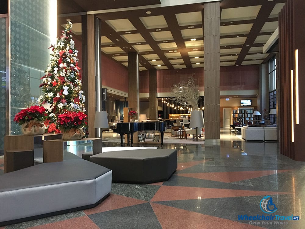 Christmas Tree on the lobby level of the Madrid Marriott Hotel.