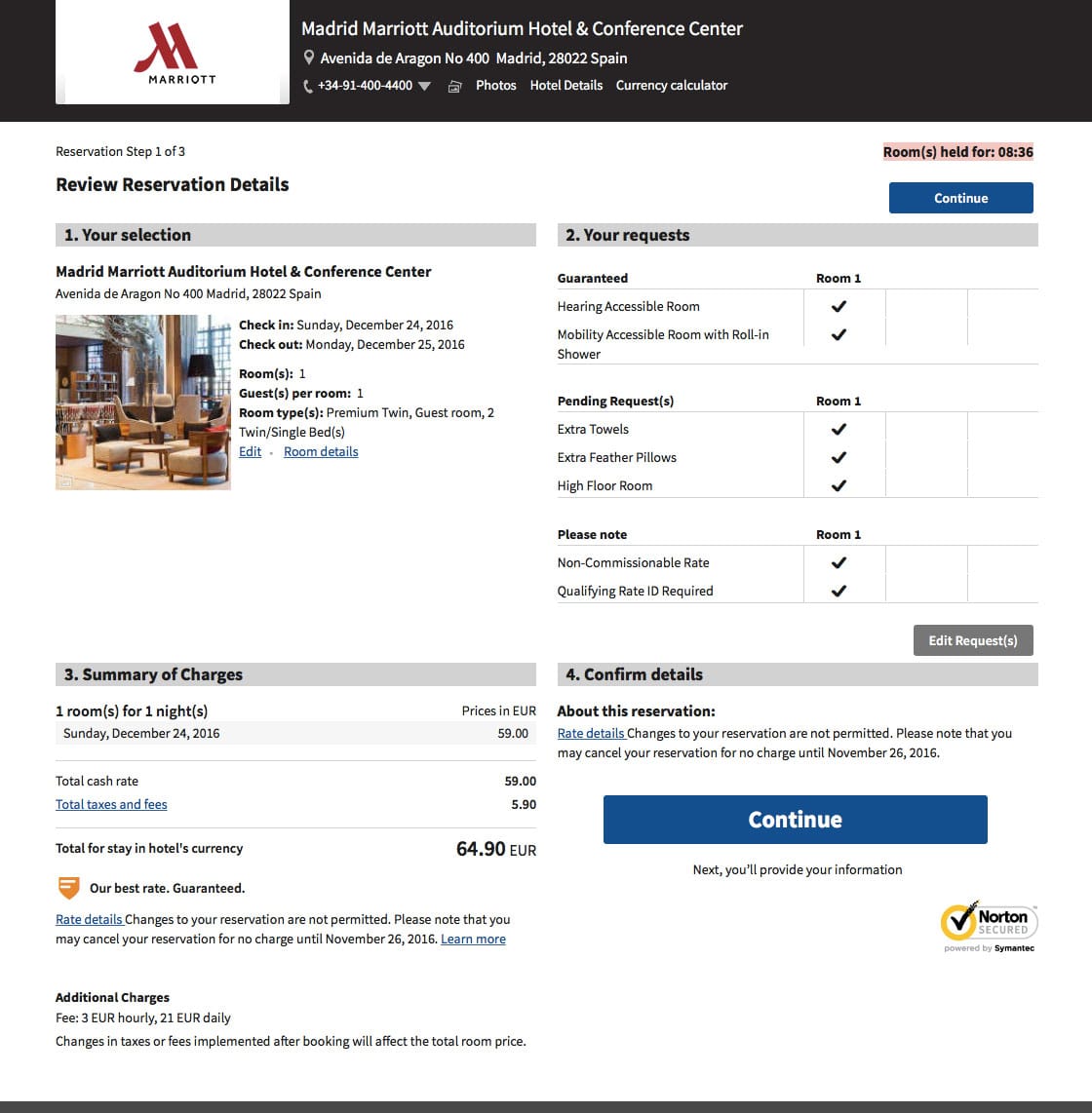 Screenshot of the Madrid Marriott reservation confirmation webpage.