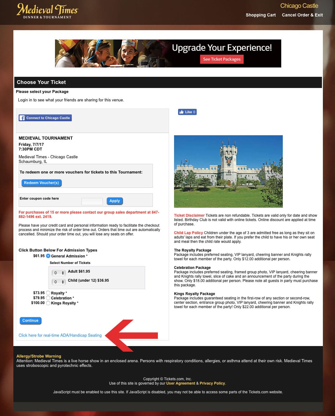 Screenshot of the Medieval Times website ticketing portal.