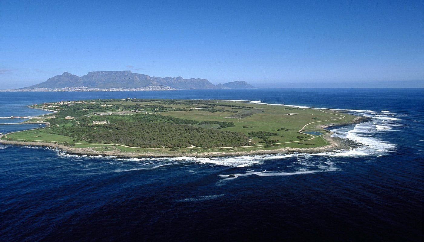 Aerial shot of Robben Island, where Nelson Mandela was held during Apartheid in South Africa