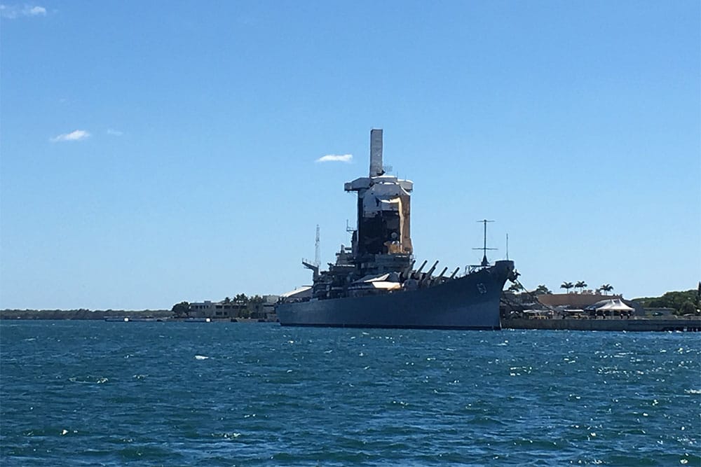 The USS Missouri anchored in Pearl Harbor. Japan signed its surrender on this ship to end World War II.