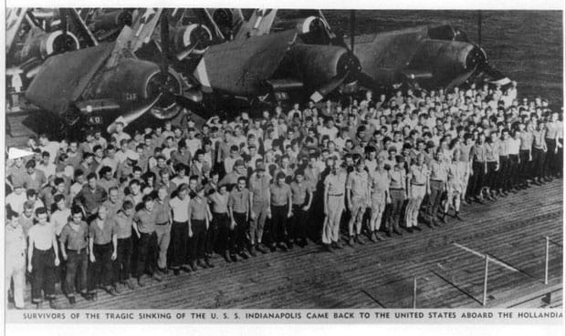 Surviving crew of the USS Indianapolis, pictured returning to the United States aboard the USS Hollandia.