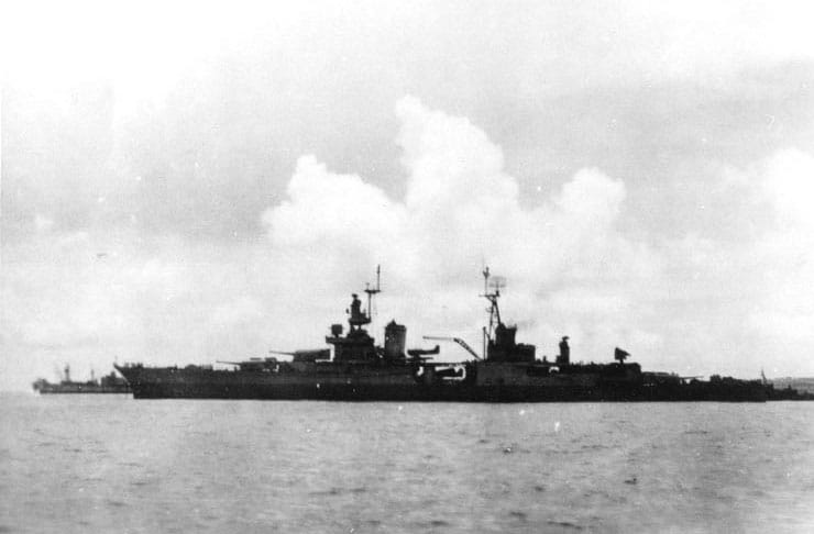 Last known photo of the USS Indianapolis, taken at Tinian, circa July 26, 1945.