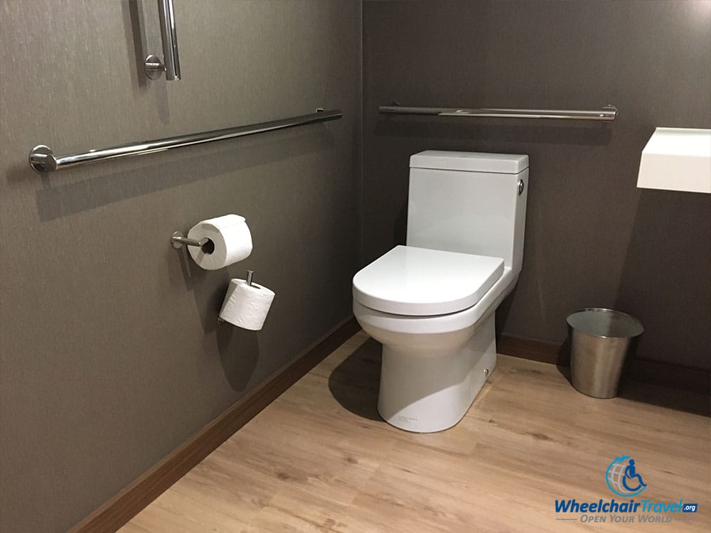 Toilet with grab bars.