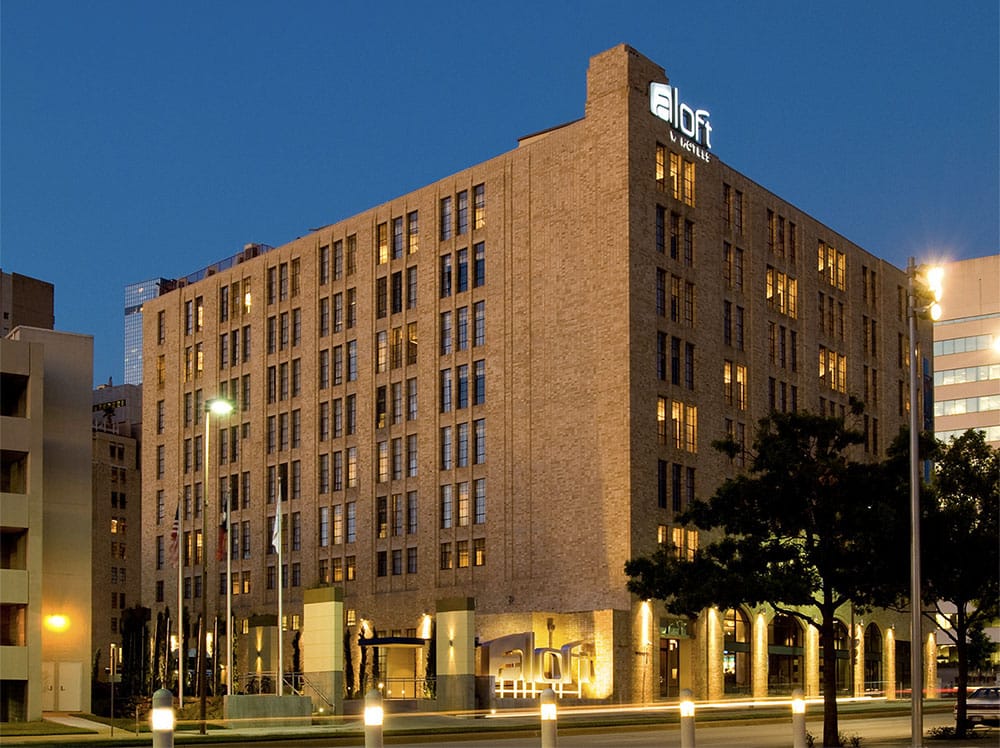 Exterior view of the Aloft Dallas Downtown Hotel.