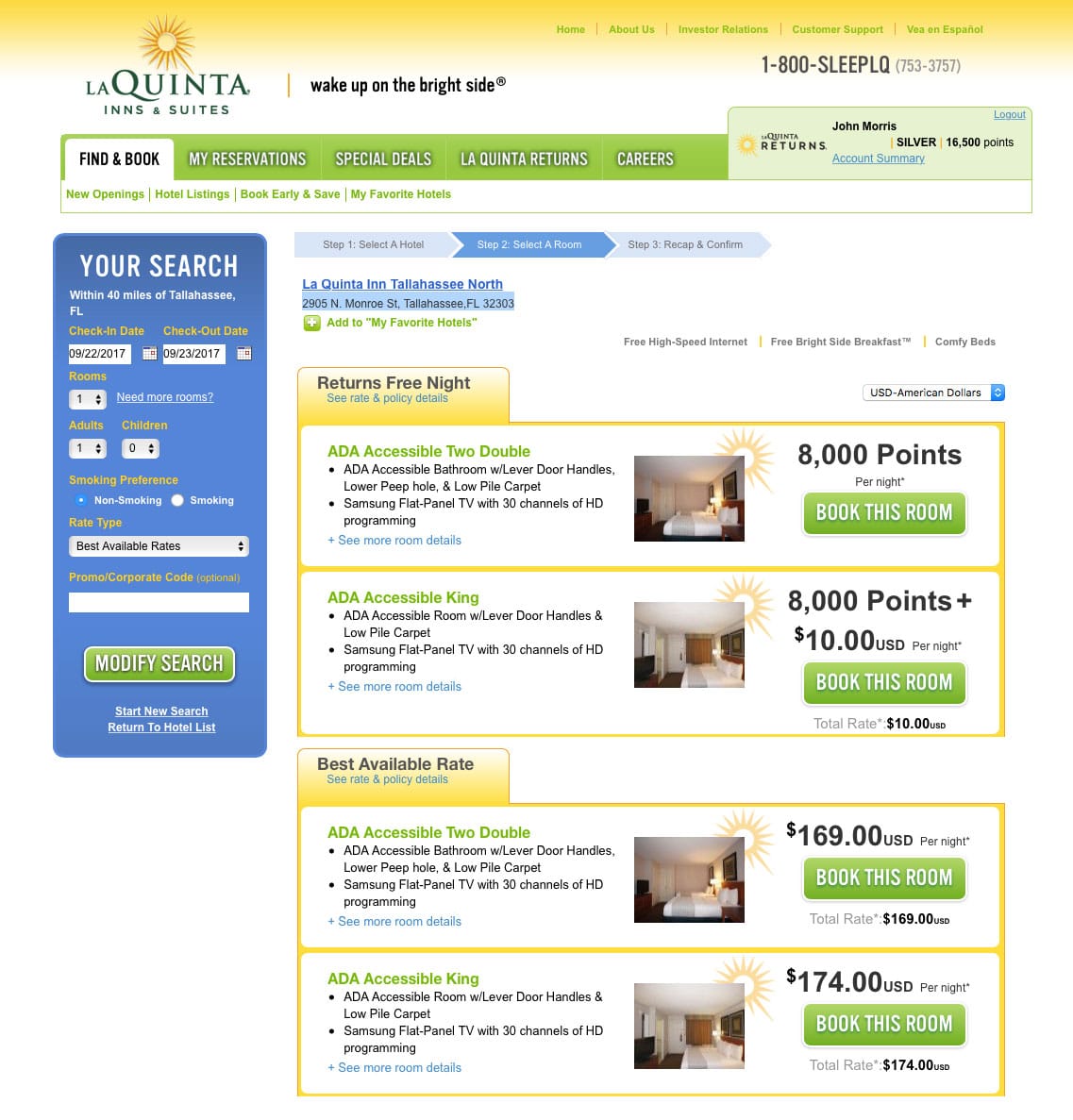 Screenshot of available rooms and rates at La Quinta Inn Tallahassee North.