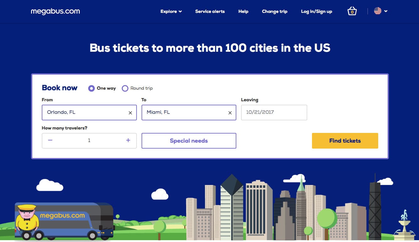 Megabus Homepage and ticket reservation form.