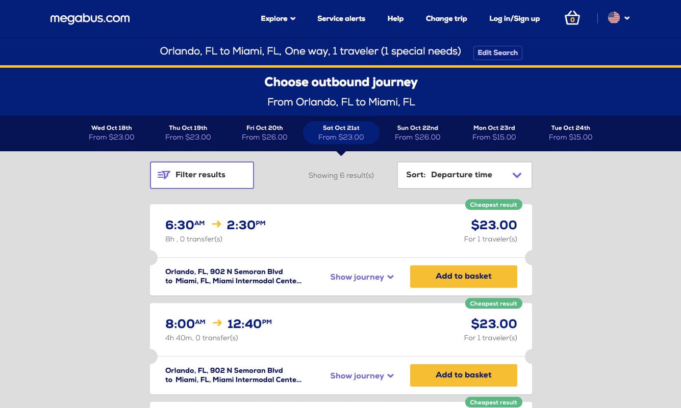 Megabus itinerary selection