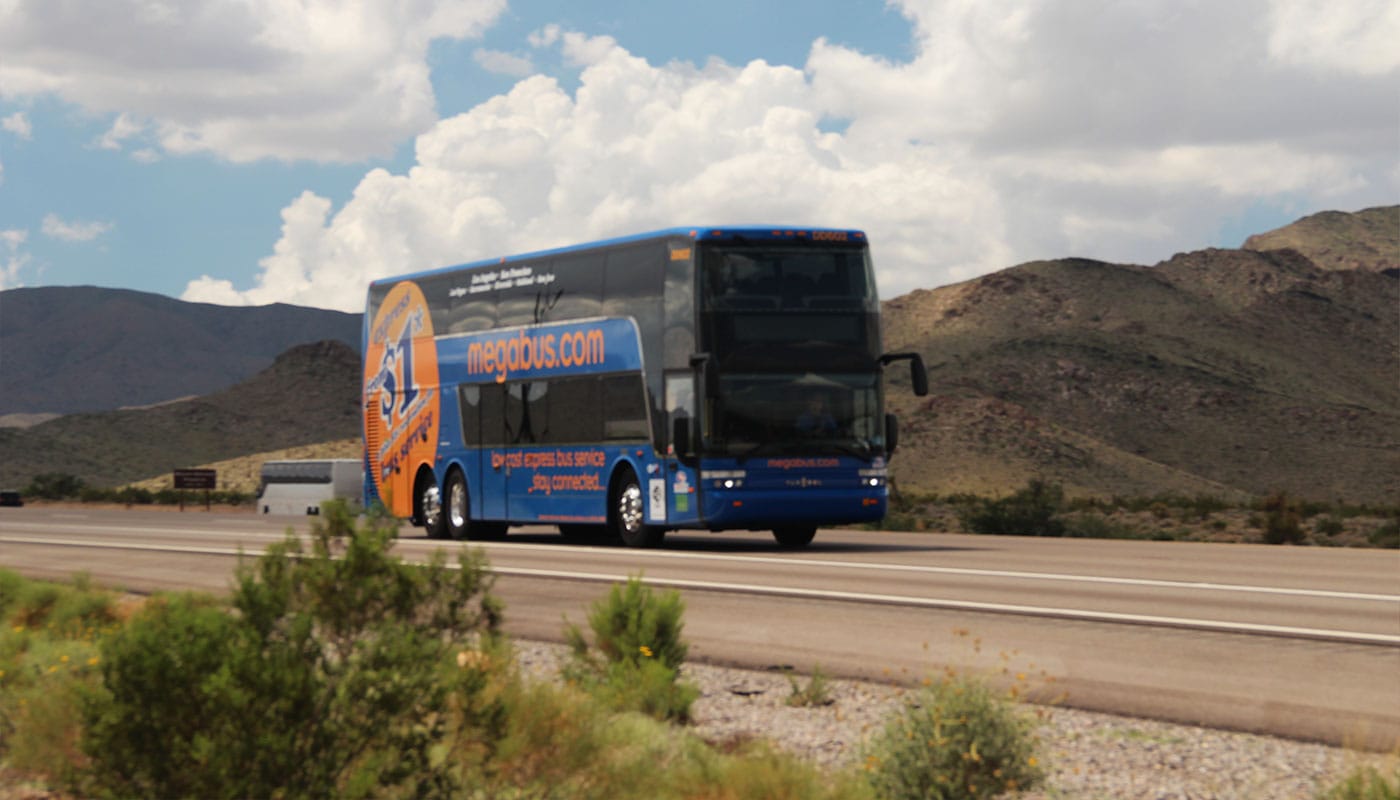 Wheelchair accessible Megabus on the highway.