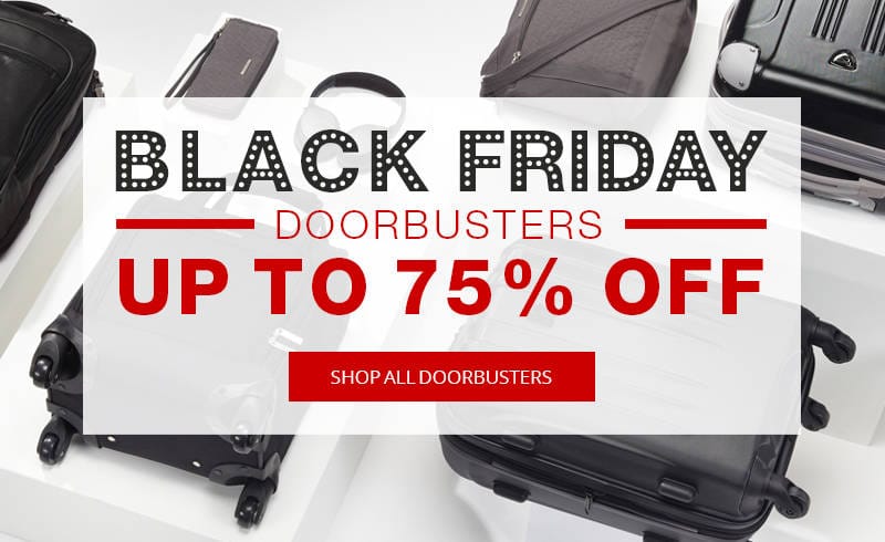 eBags Black Friday doorbuster sale graphic, up to 75% off bags and travel luggage!