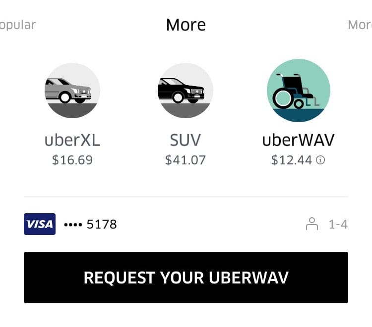 Select "UberWAV" on the booking screen to order a wheelchair accessible Uber.