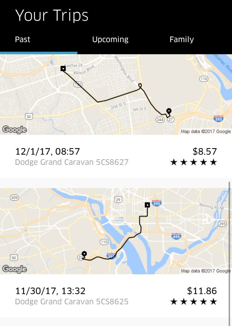 UberWAV past trips overview and receipts.