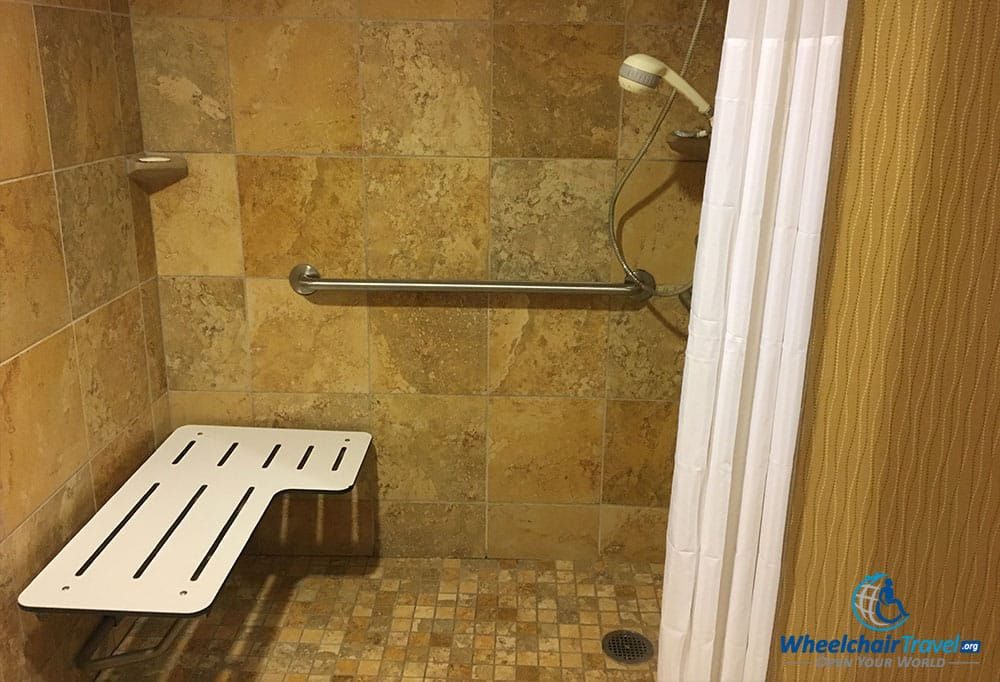 The roll-in shower at Hampton Inn Cleveland Downtown was not ADA compliant.