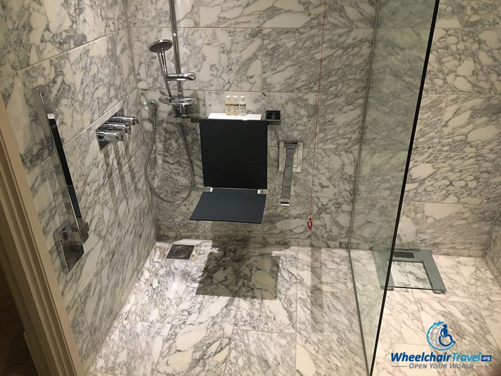 Accessible roll-in shower at the St. Pancras Renaissance Hotel London.