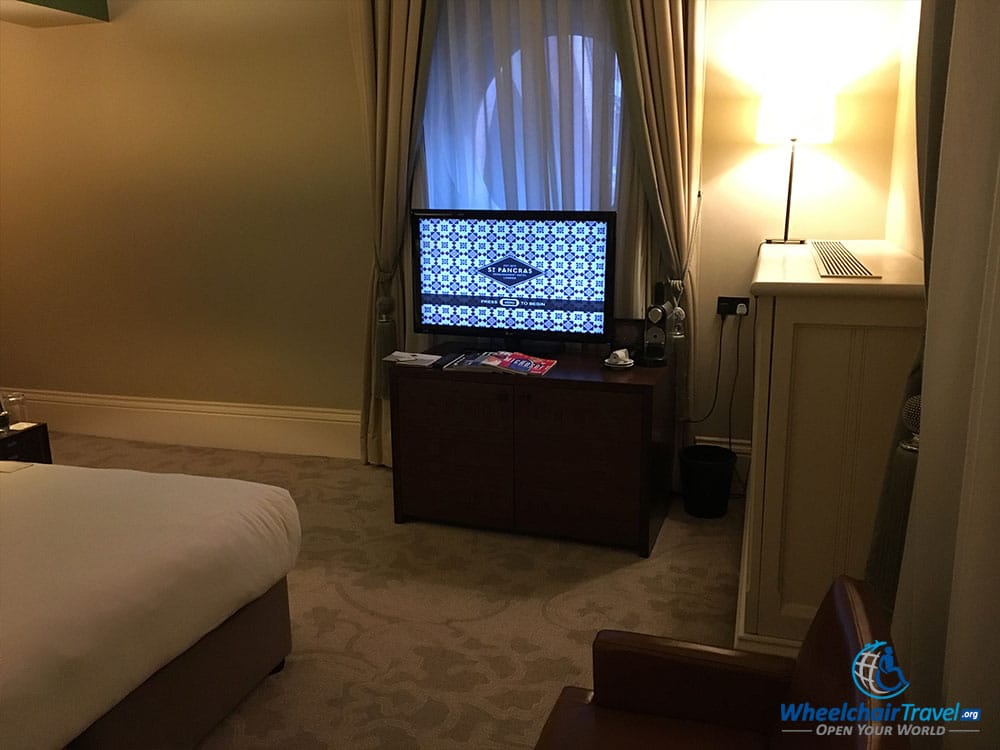 Television, chair and other room features at the St. Pancras Renaissance Hotel.