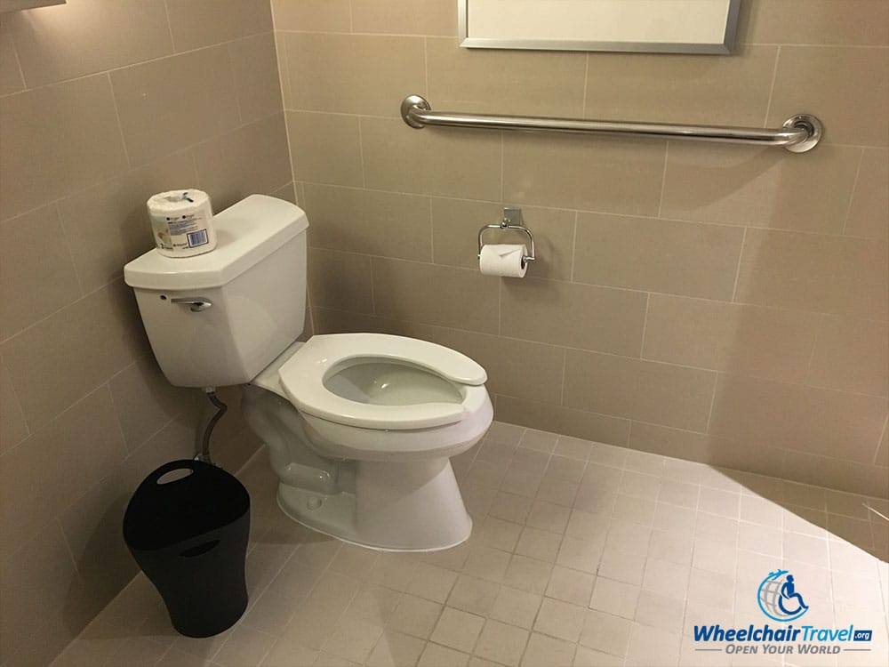 Toilet with grab bar.