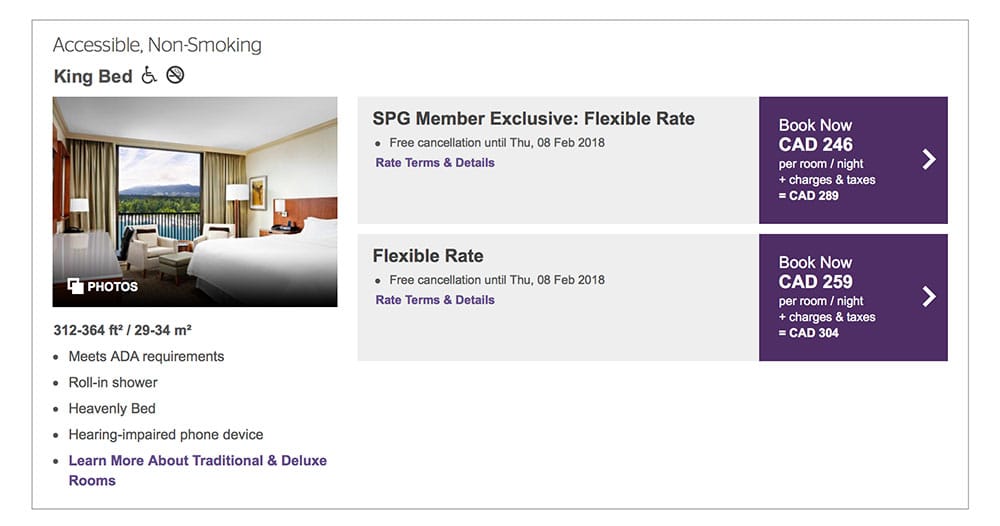 Accessible room type listed on Westin Bayshore booking website.