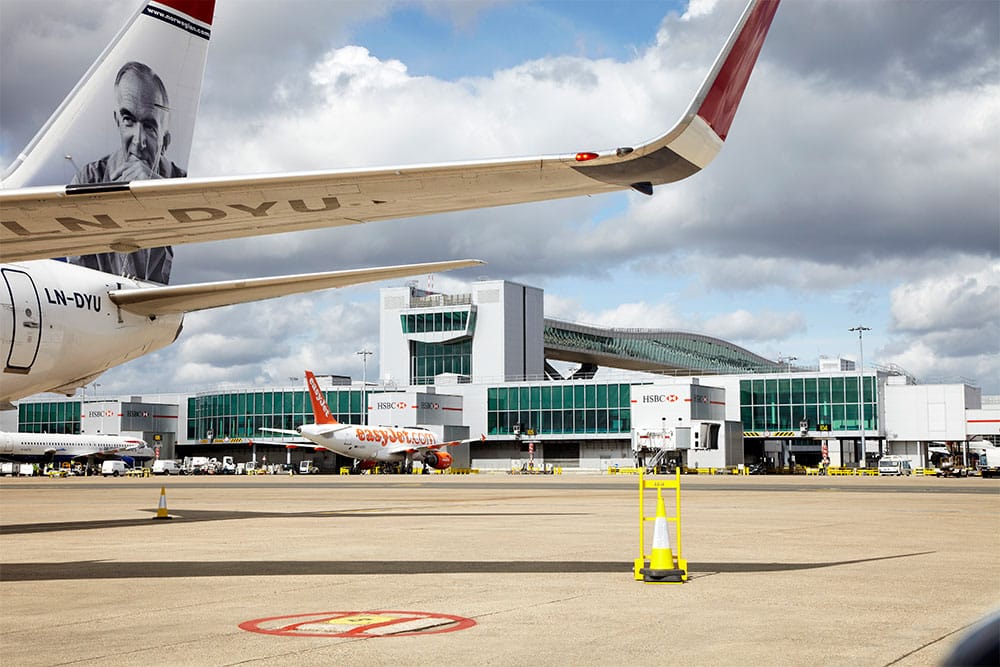 Exterior view of London Gatwick airport terminal.