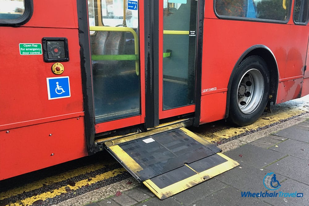 London city bus wheelchair ramp in the process of being extended.