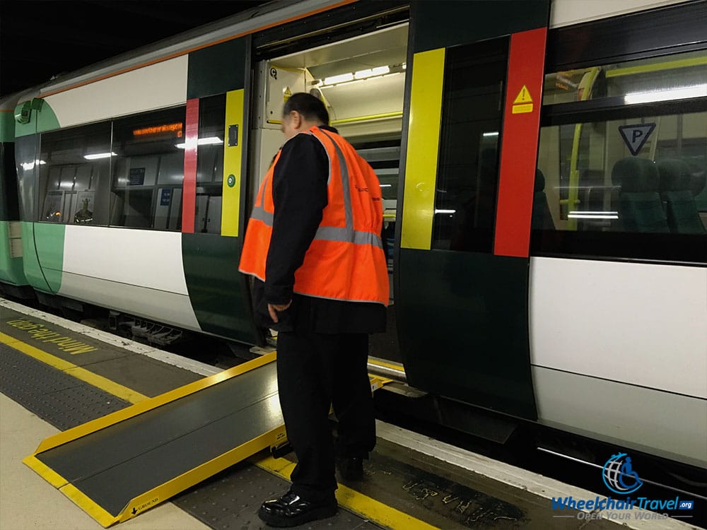 Wheelchair accessible ramp used to board the Southern Rail in London.