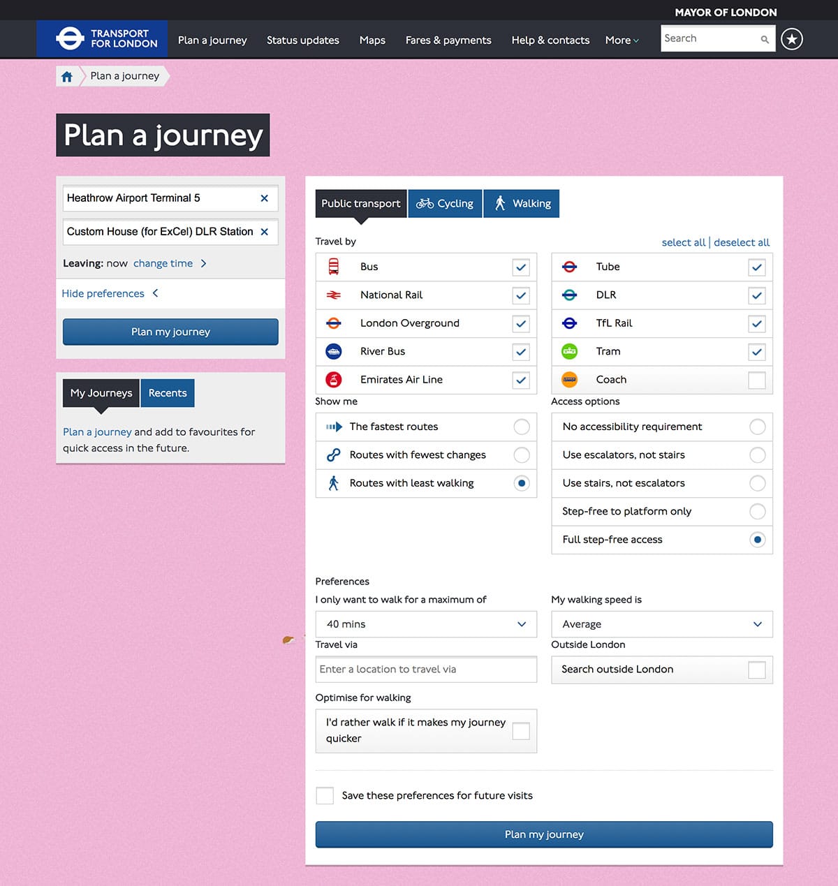 TFL Journey Planner search tool.