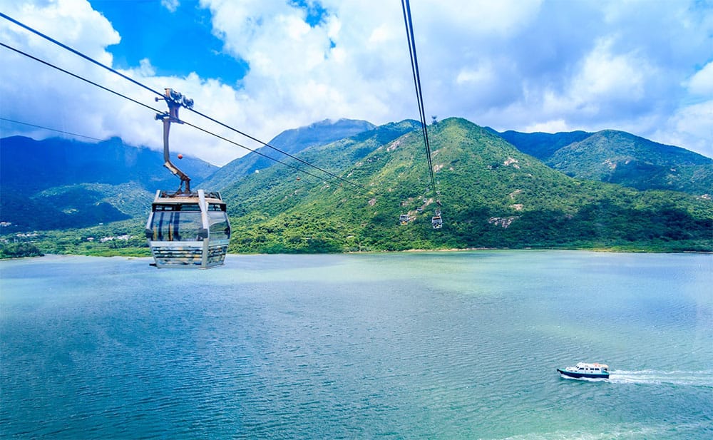 View from the wheelchair accessible Ngong Ping cable car in Hong Kong.