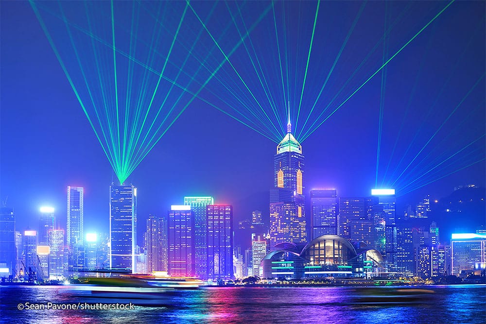 Hong Kong skyline lit up with the Symphony of Lights show.