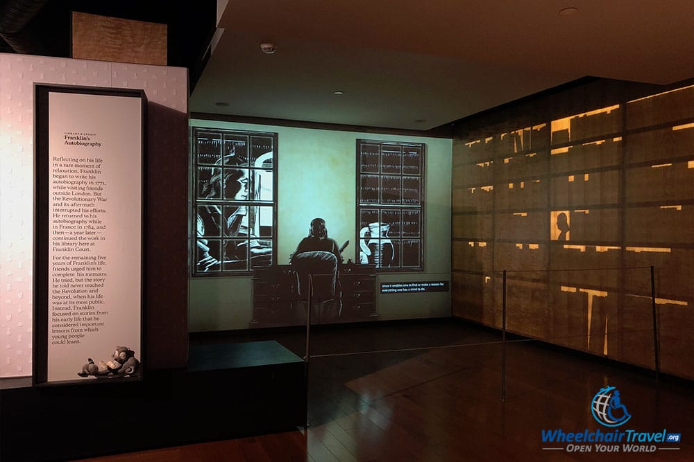 Multimedia exhibit focused on Benjamin Franklin's incomplete autobiography.