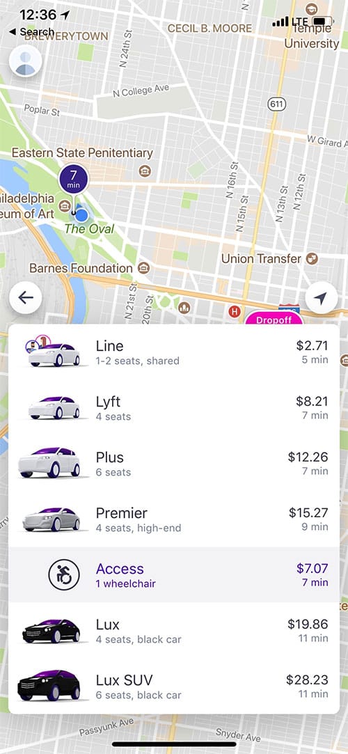 Ordering a wheelchair taxi using Lyft app.