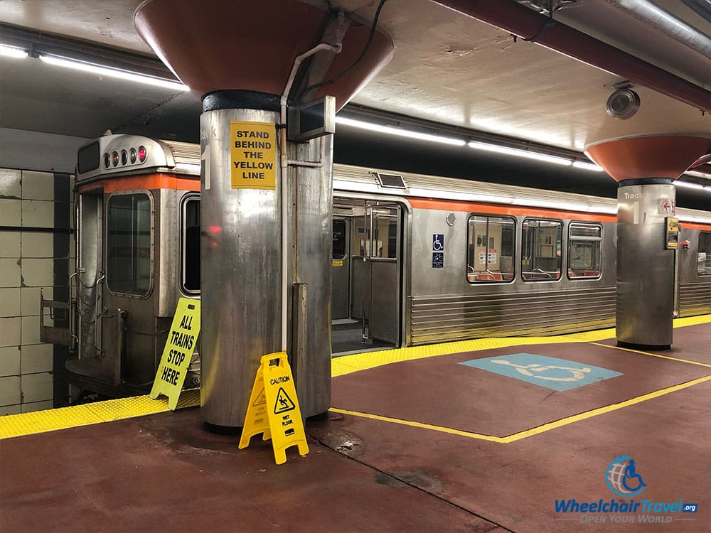 Raised boarding platform for wheelchair access at AT&T Station.