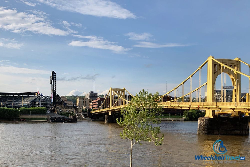 PNC Park and Roberto Clemente Bridge as seen from downtown Pittsburgh.