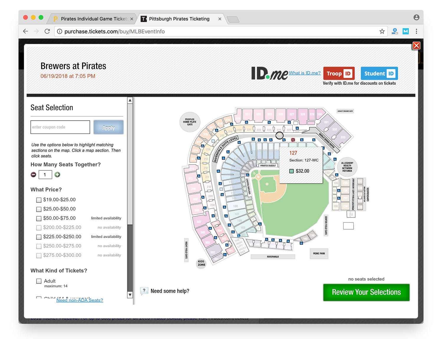 Screenshot of the Pittsburgh Pirates online ticketing system.