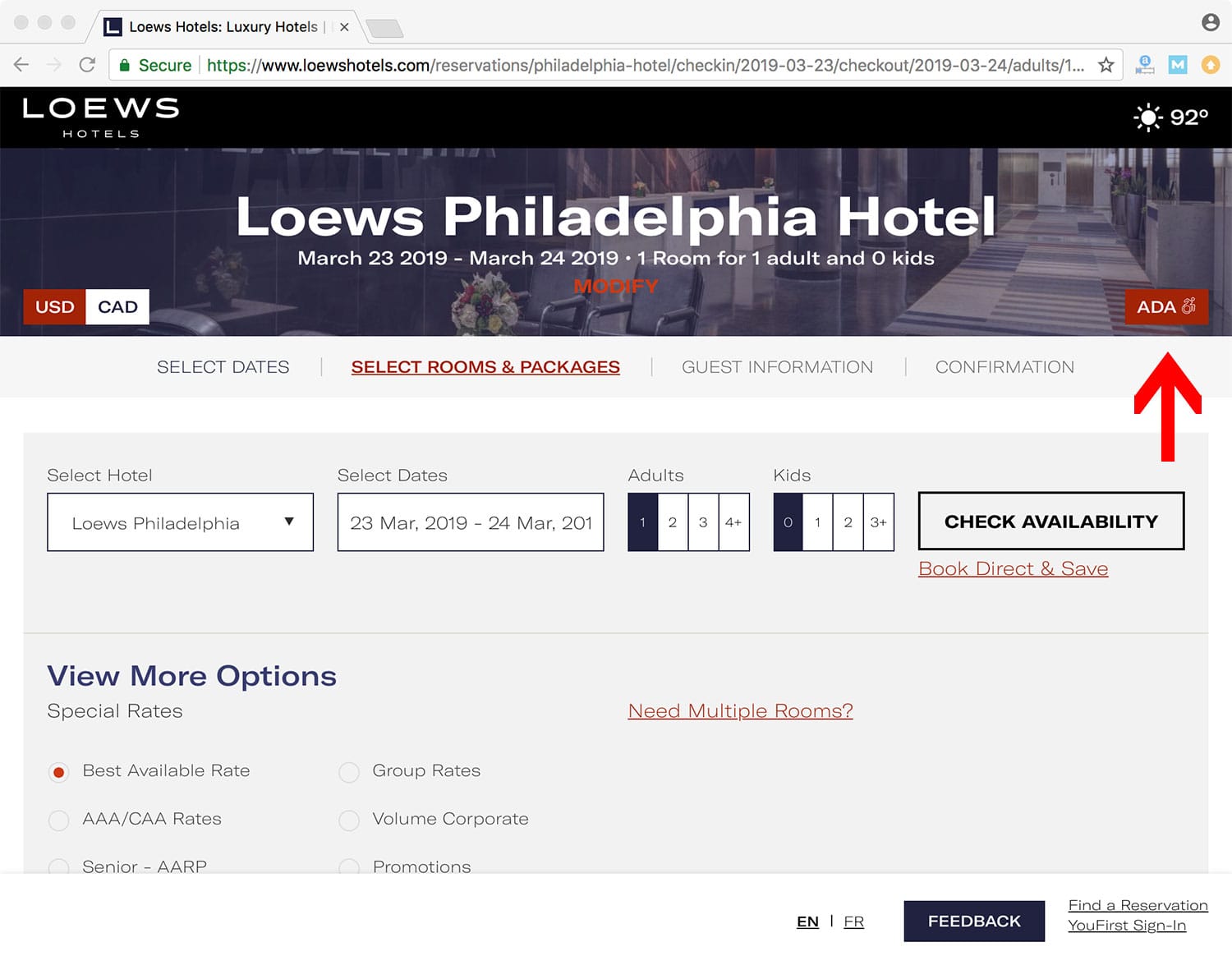 Screenshot of the Loews Philadelphia Hotel reservations website.