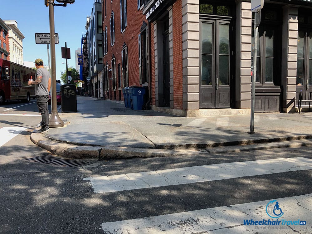 A very rare barrier in Philadelphia: a sidewalk without a curb ramp in Old Town.