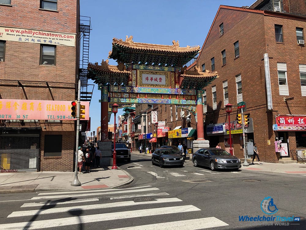 Accessible crosswalk in front of Philadelphia's Chinatown Friendship Gate.