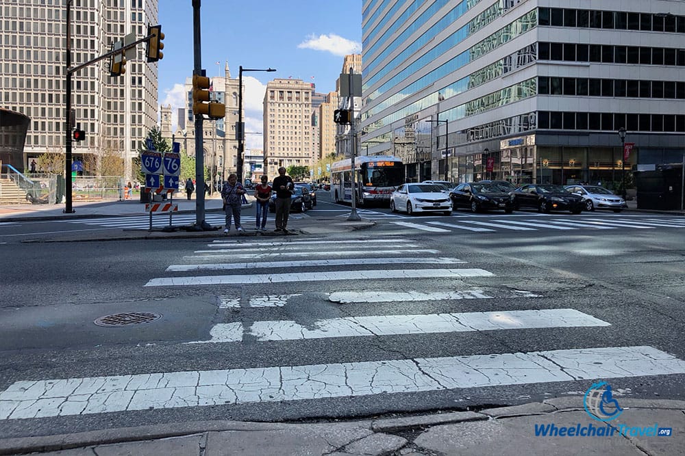 Cracks in a curb ramp at John F. Kennedy Blvd.