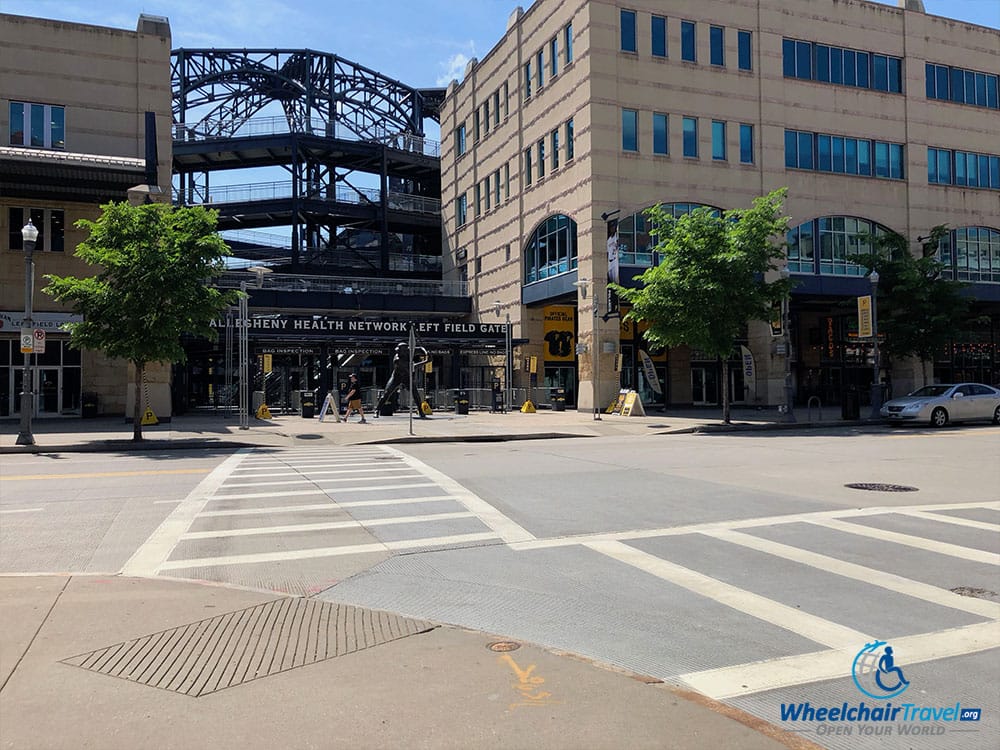 Crosswalk with curb ramp in front of PNC Park.