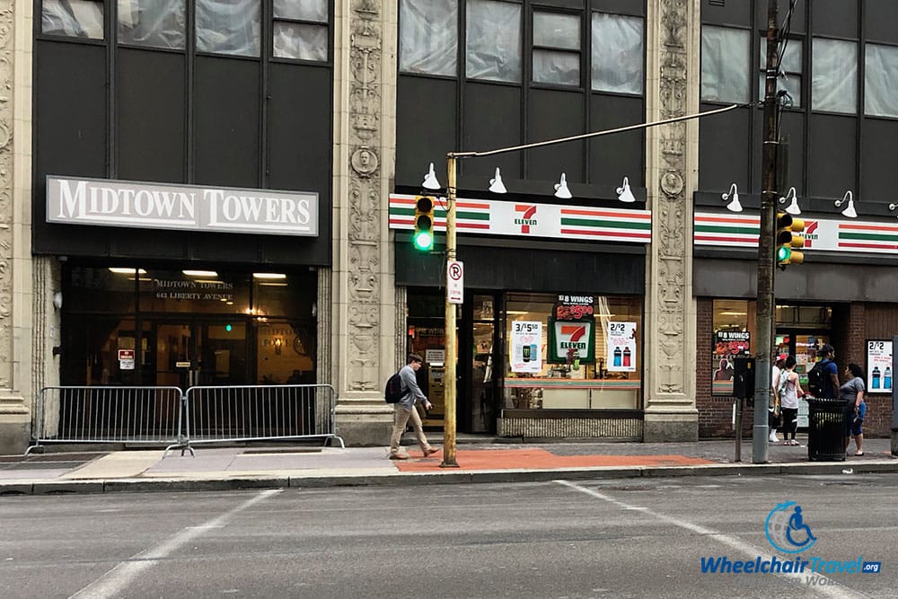 Crosswalk without a curb ramp to access the sidewalk.