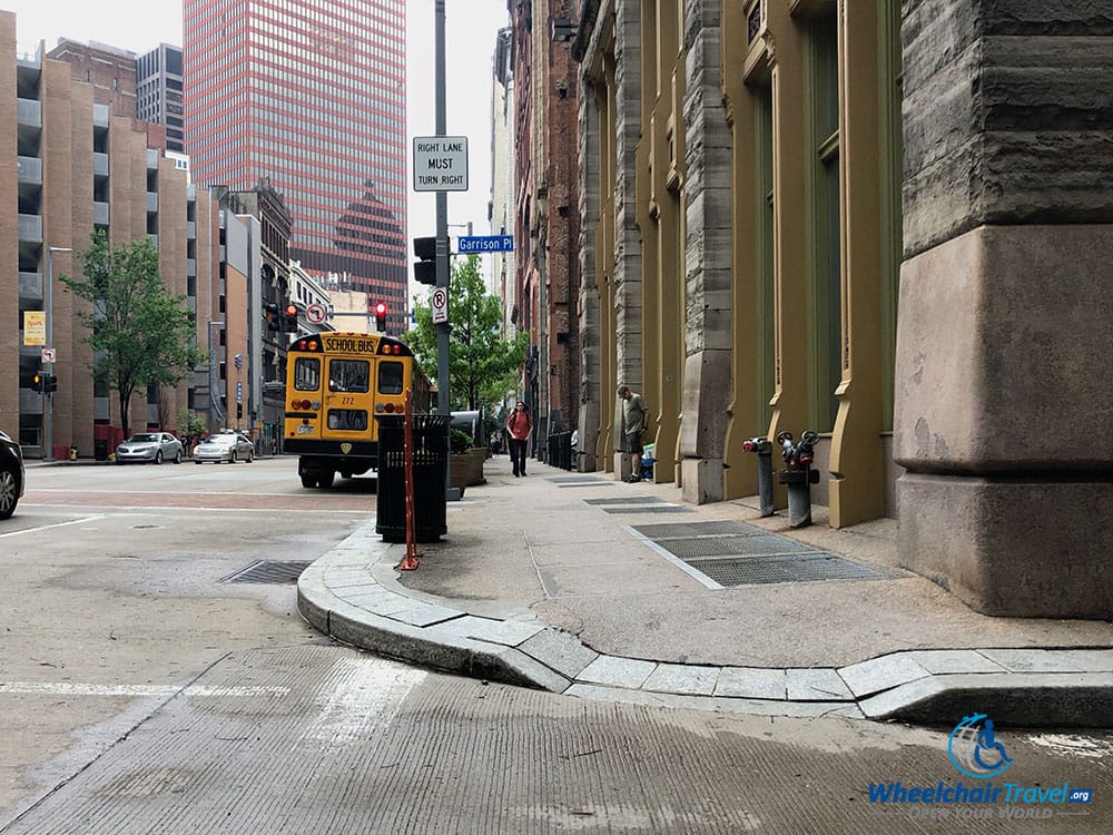 An extremely steep curb ramp in Downtown Pittsburgh.