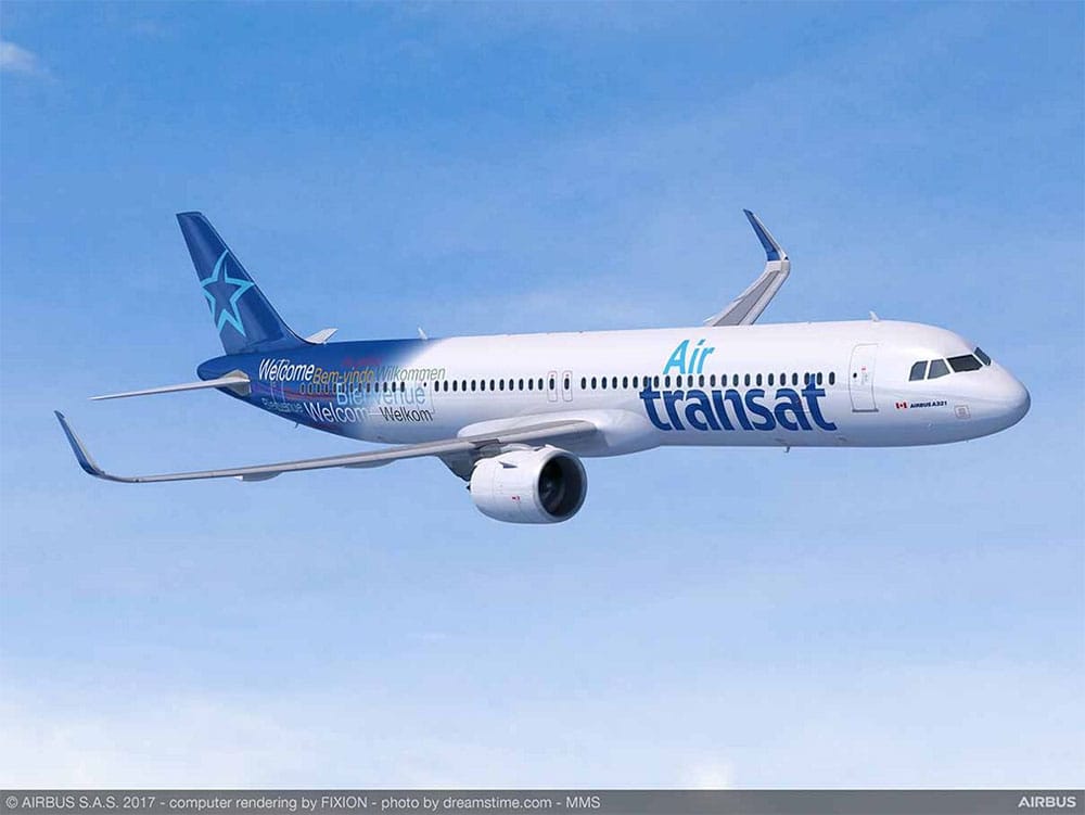 Rendering of an Airbus A321LR in the livery of North American launch customer Air Transat.